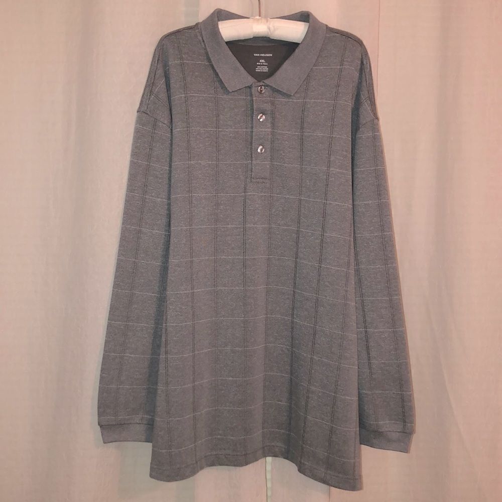 Van Heusen 4XL Gray Cotton Blend Plaid Long Sleeve Three Button Polo Pullover